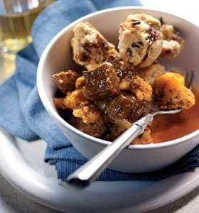 Beef and Beer Masala with Onion Bhaji Dumplings