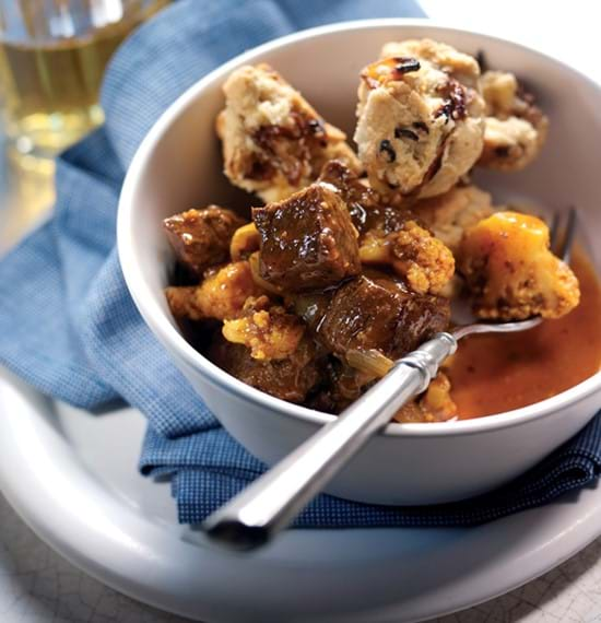 Beef and Beer Masala with Onion Bhaji Dumplings