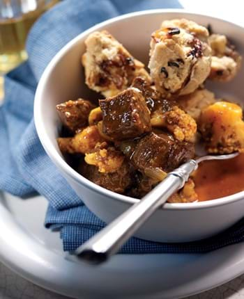 Beef and Beer Masala with Onion Bhaji Dumplings