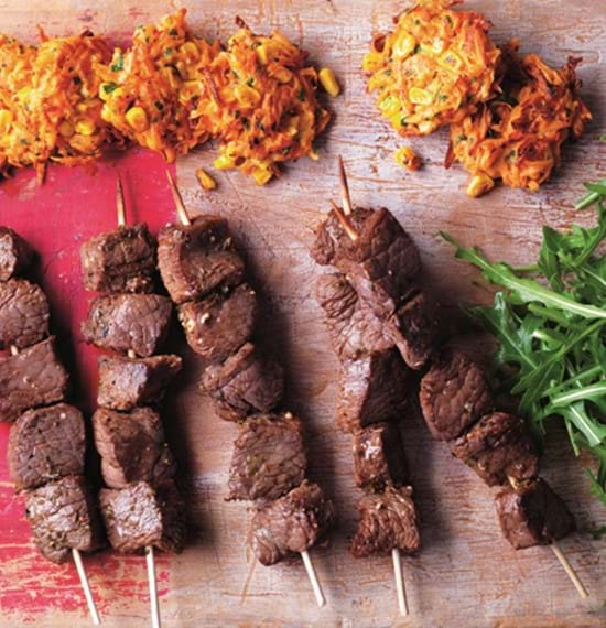 Mini Anticuchos Beef Skewers with Sweetcorn Fritters