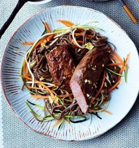 Cannon of Lamb with Vegetables, Soba Noodles and Kimchi