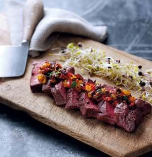 BBQ Flat Iron Steaks with Chargrilled Sweet Pepper Relish