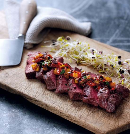 BBQ Flat Iron Steaks with Chargrilled Sweet Pepper Relish