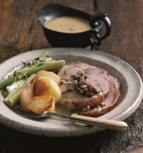 Glazed Roast Saddle of Lamb with Barley and Plum Stuffing