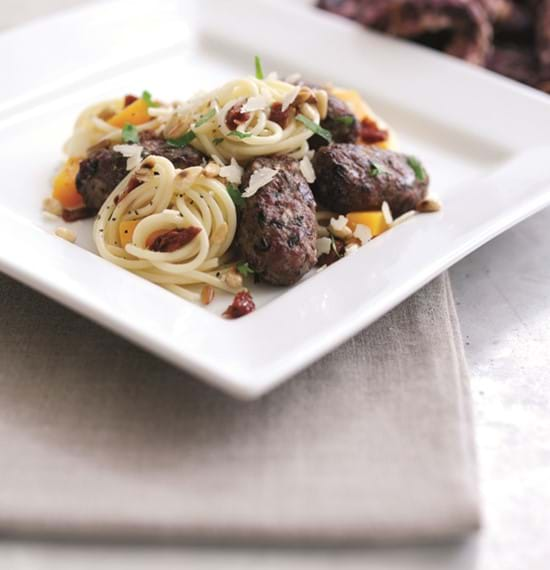 Hearty Lamb Koftas with Spaghetti, Squash and Pine nuts