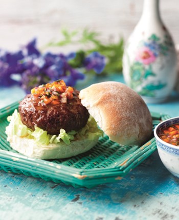 Hoisin BBQ Burgers with Sweet Pepper Relish