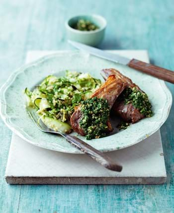 Lamb Chops with Nettle Pesto, Quinoa, Spring Herb and Lemon Salad