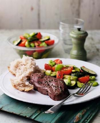 Lamb Steaks with Broad Bean, Courgette and Chive Salad