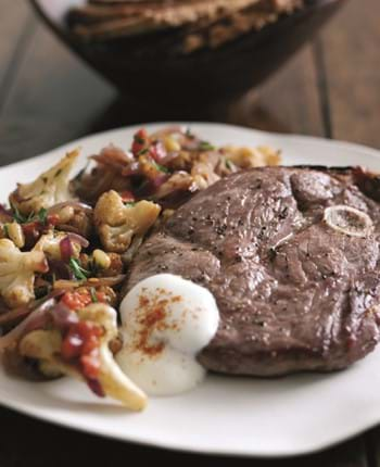 Leg Steaks with Warm Cauliflower,Tomato and Toasted Pine Nut Salad