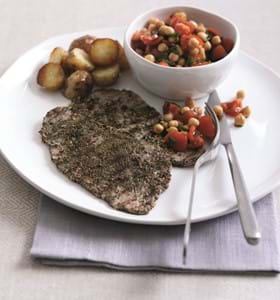 Peppered Veal with Tomato and Chickpea Salad