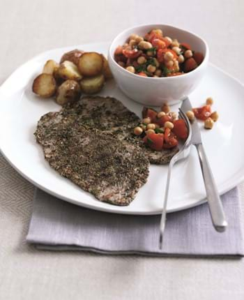 Peppered Veal with Tomato and Chickpea Salad