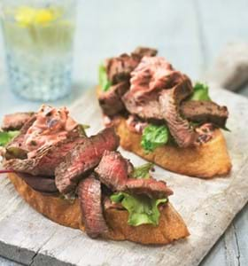 Rib-Eye Bruschetta with Beetroot and Lemon Mayonnaise