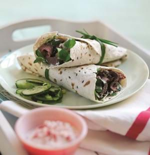 Roast Beef and Watercress Wraps with Radish Raita