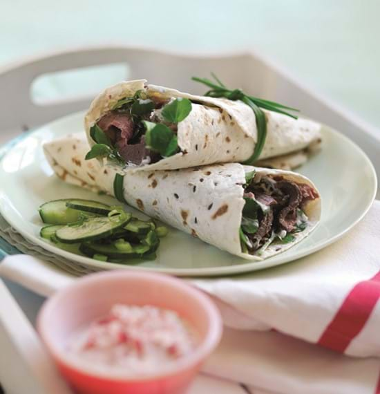 Roast Beef and Watercress Wraps with Radish Raita