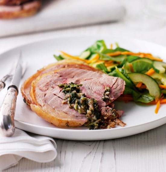 Roast Boneless Shoulder of Lamb with Watercress, Goats Cheese and Mint Stuffing