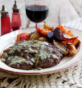 Steaks with Blue Cheese and Roasted Vegetables