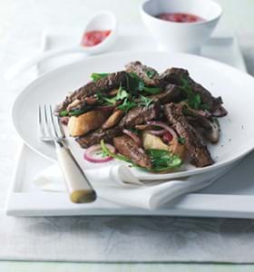 Seared Beef Strips on Mushroom and Spinach Bruschetta