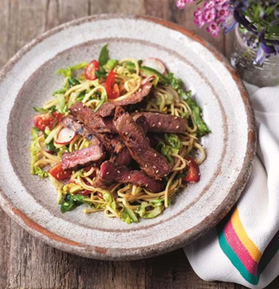 Mustard Marinated Steaks with Noodles,Cucumber and Radish Salad