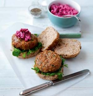 Sweet Chilli and Herb Burgers with Beetroot and Mint Relish