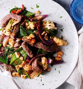 Warm Steak Salad  with Cauliflower, Tomatoes and Walnuts