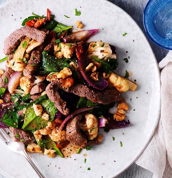 Warm Steak Salad  with Cauliflower, Tomatoes and Walnuts