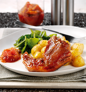 Baked Sticky Chops with Plum Chutney